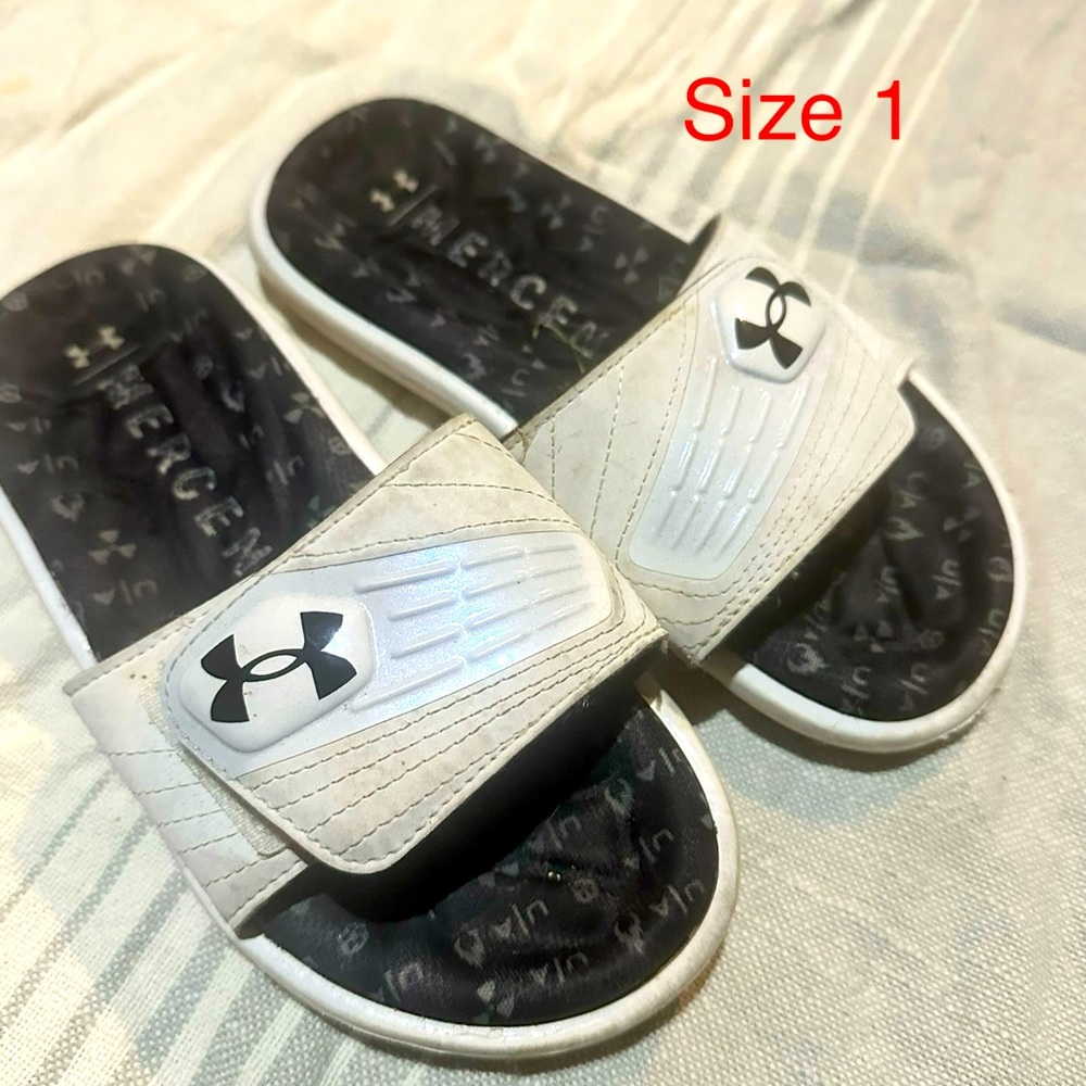 Boys size 1 under armour slides athletic shoes sandals beach